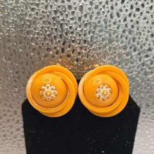 Vintage Celluloid Orange Swirl Flower Center Whimiscal Clip On Earrings